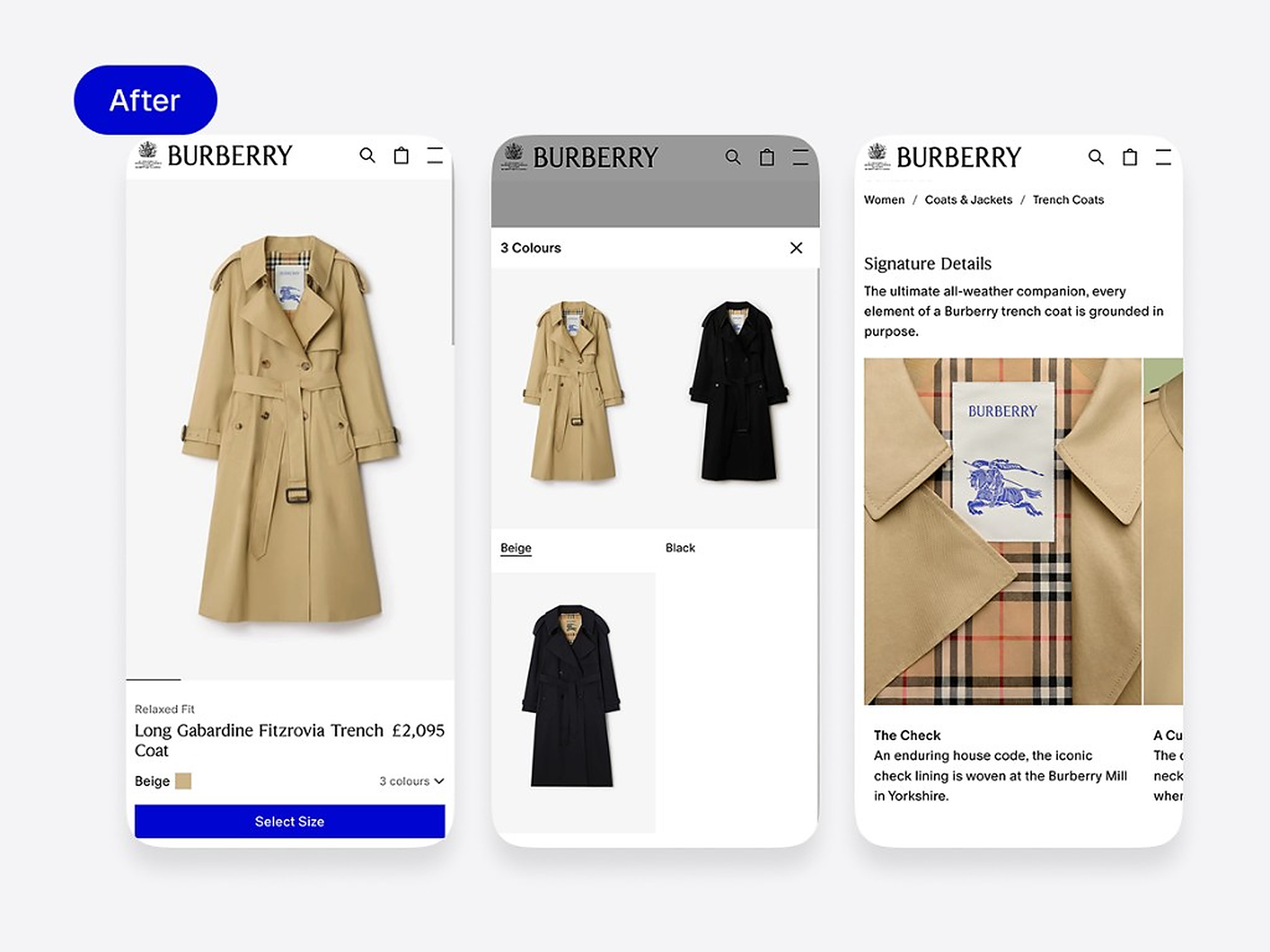 After — redesigned mobile product page, colour picker and Signature Details