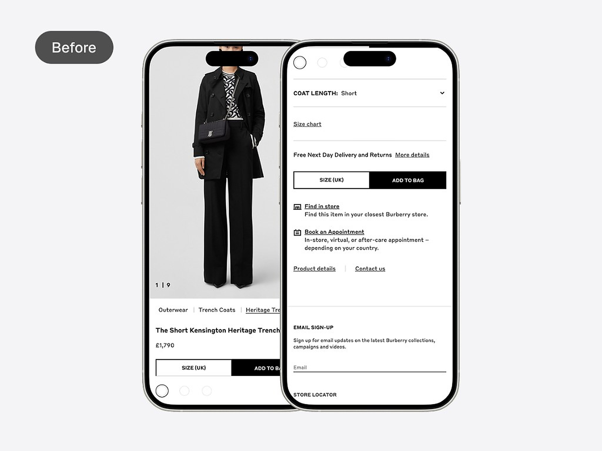 Before — the old Burberry mobile product page