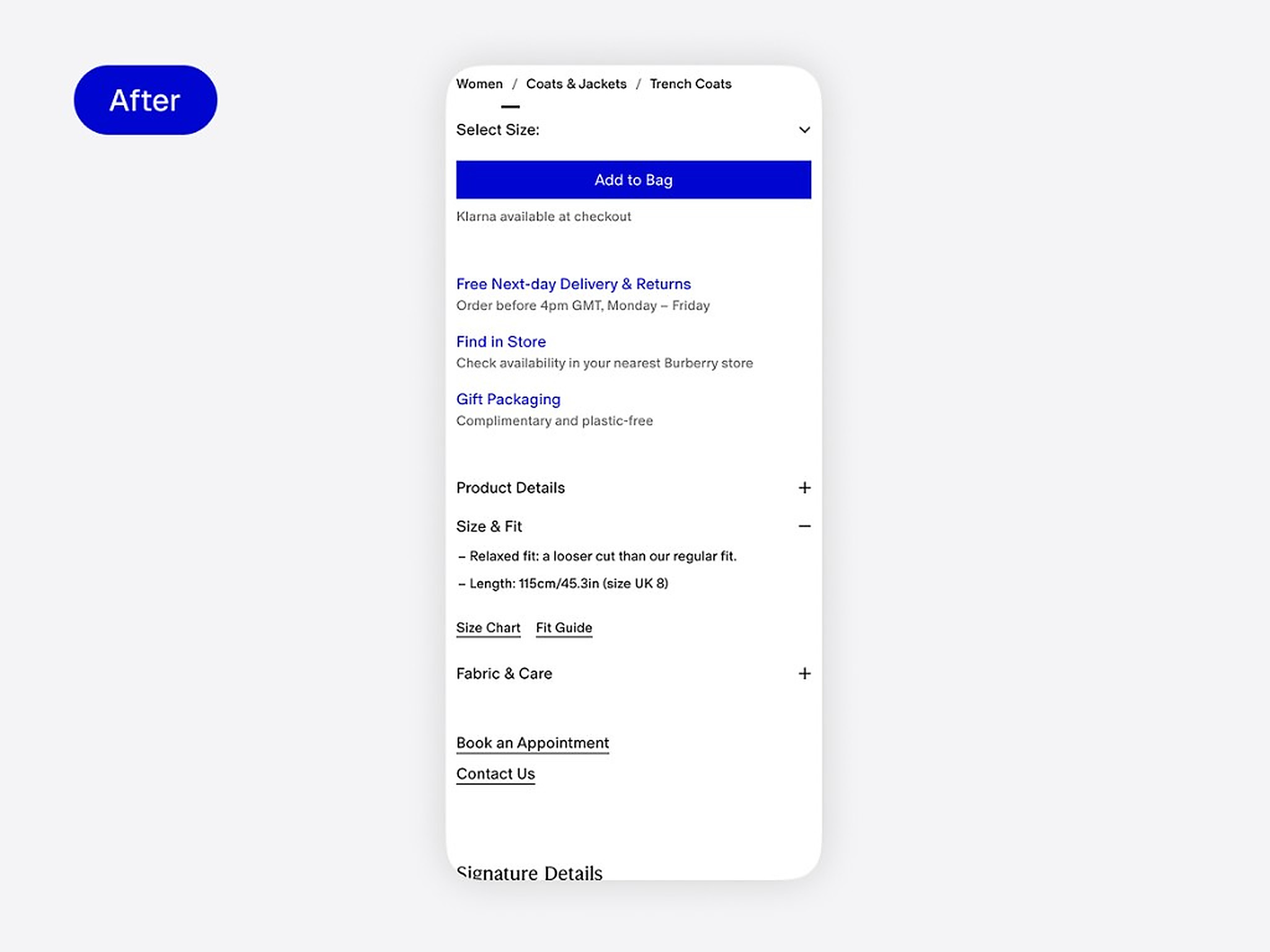 After — consolidated add to bag and product details