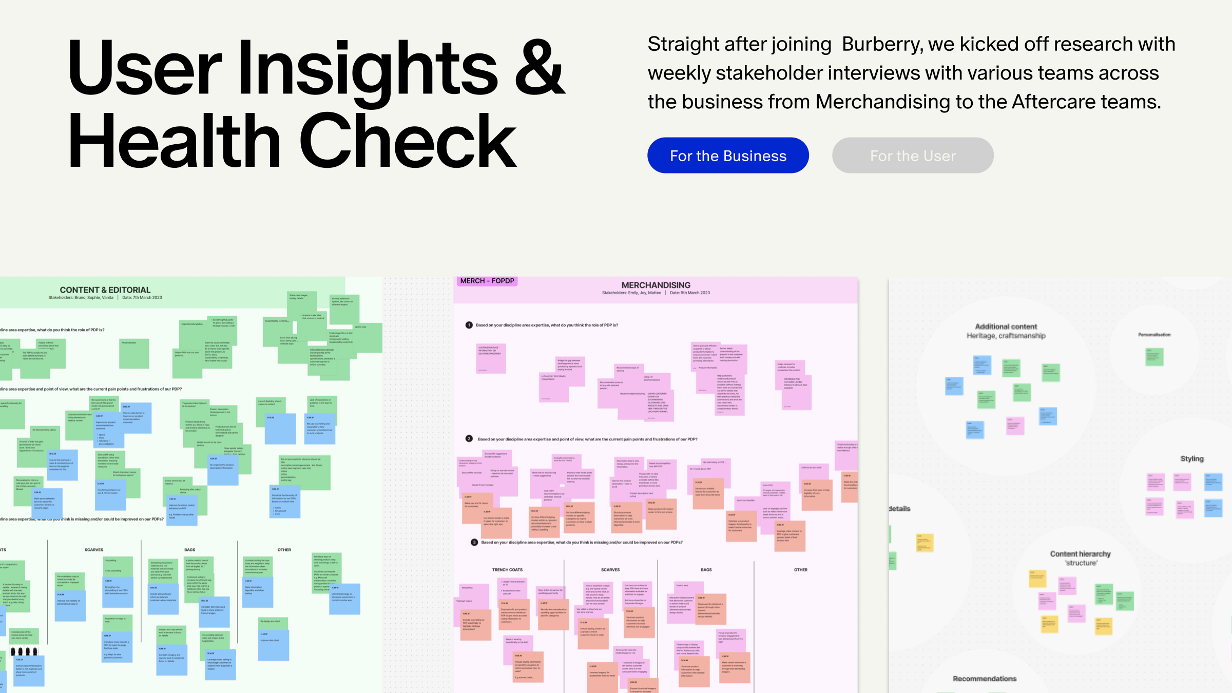User insights and health check — stakeholder research across Merchandising and Aftercare