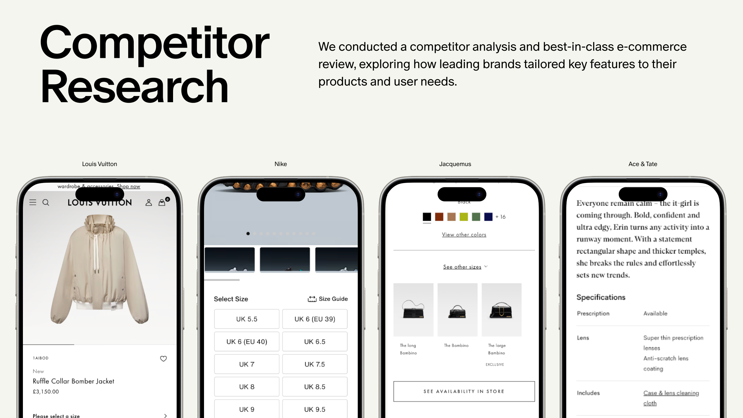 Competitor research across Louis Vuitton, Nike, Jacquemus and Ace & Tate