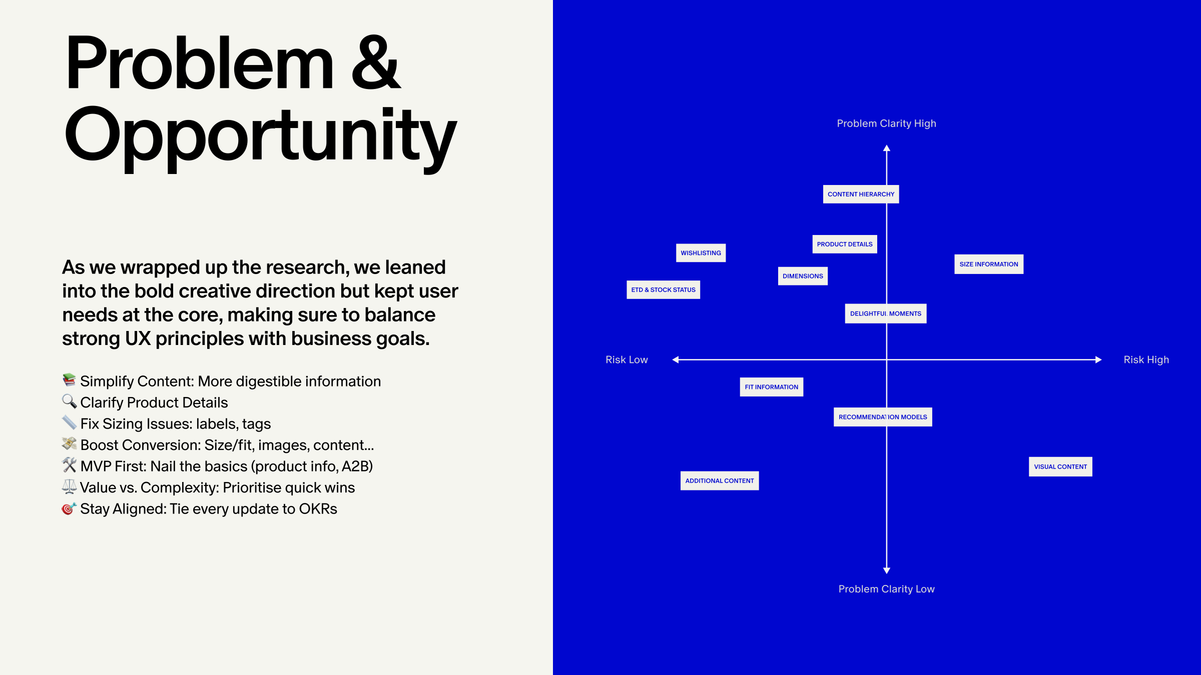 Problem and opportunity — UX principles against a risk and clarity matrix